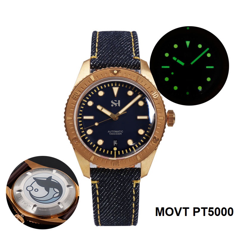 Canvas Strap Watch - メンズメカニカルブロンズウォッチ,ハンドウィンド腕時計,seagull pt5000ムーブメント,カスタム8ケース,サファイア,発光デニムストラップ,freesipケース,42mm